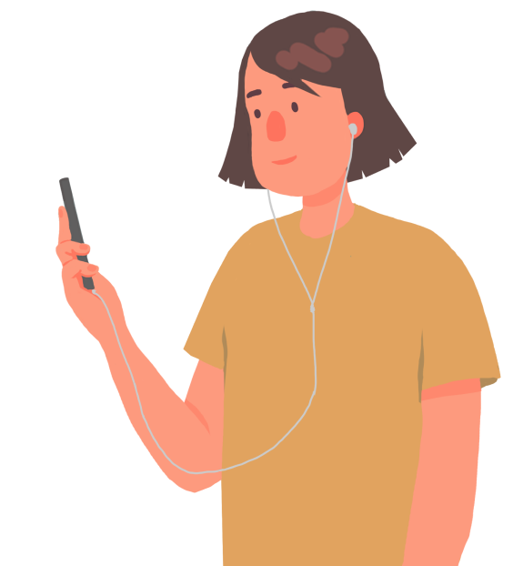 Person holding mobile phone with head phones